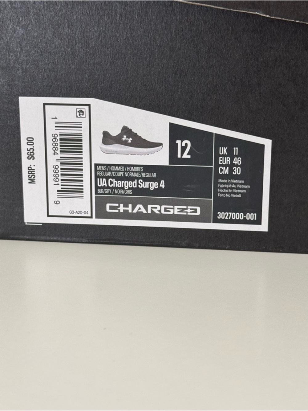 Under Armour Charged Surge 4 Men's Black Grey Running Shoes Size 12 - Picture 7 of 7